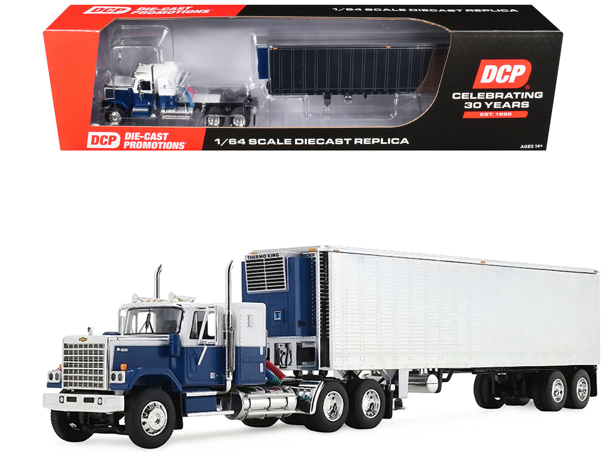 Chevrolet Bison with 34" Flat Top Sleeper & 40' Vintage Trailer with Reefer Blue and White 1/64 Diecast Model