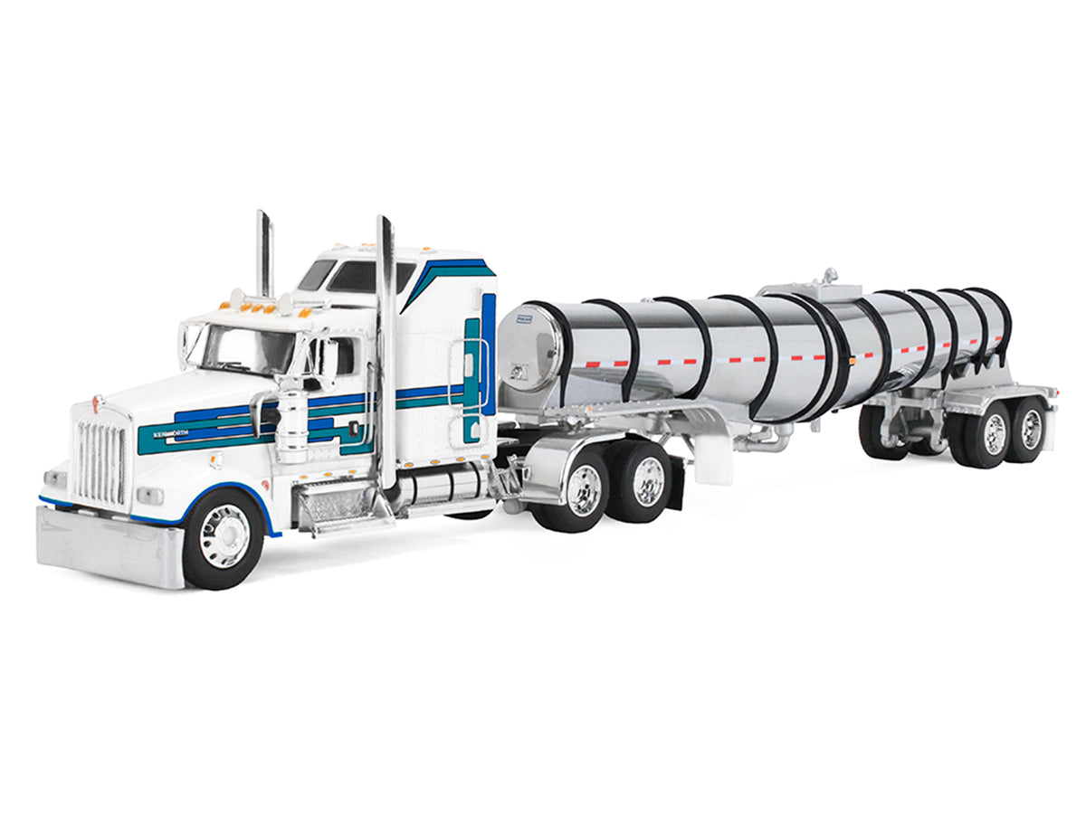 Kenworth W900L with 60" Aerodyne Sleeper and Polar Deep Drop Trailer White with Blue and Green Stripes 1/64 Diecast Model