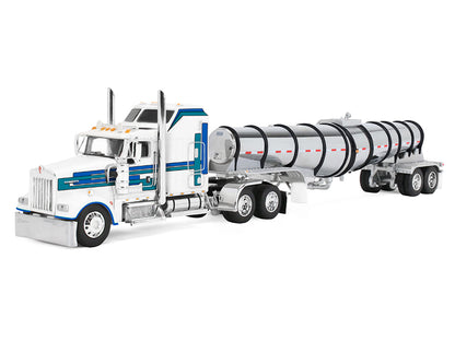 Kenworth W900L with 60" Aerodyne Sleeper and Polar Deep Drop Trailer White with Blue and Green Stripes 1/64 Diecast Model