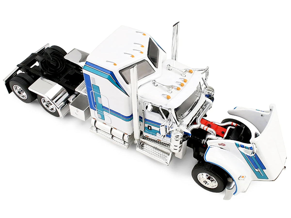 Kenworth W900L with 60" Aerodyne Sleeper and Polar Deep Drop Trailer White with Blue and Green Stripes 1/64 Diecast Model