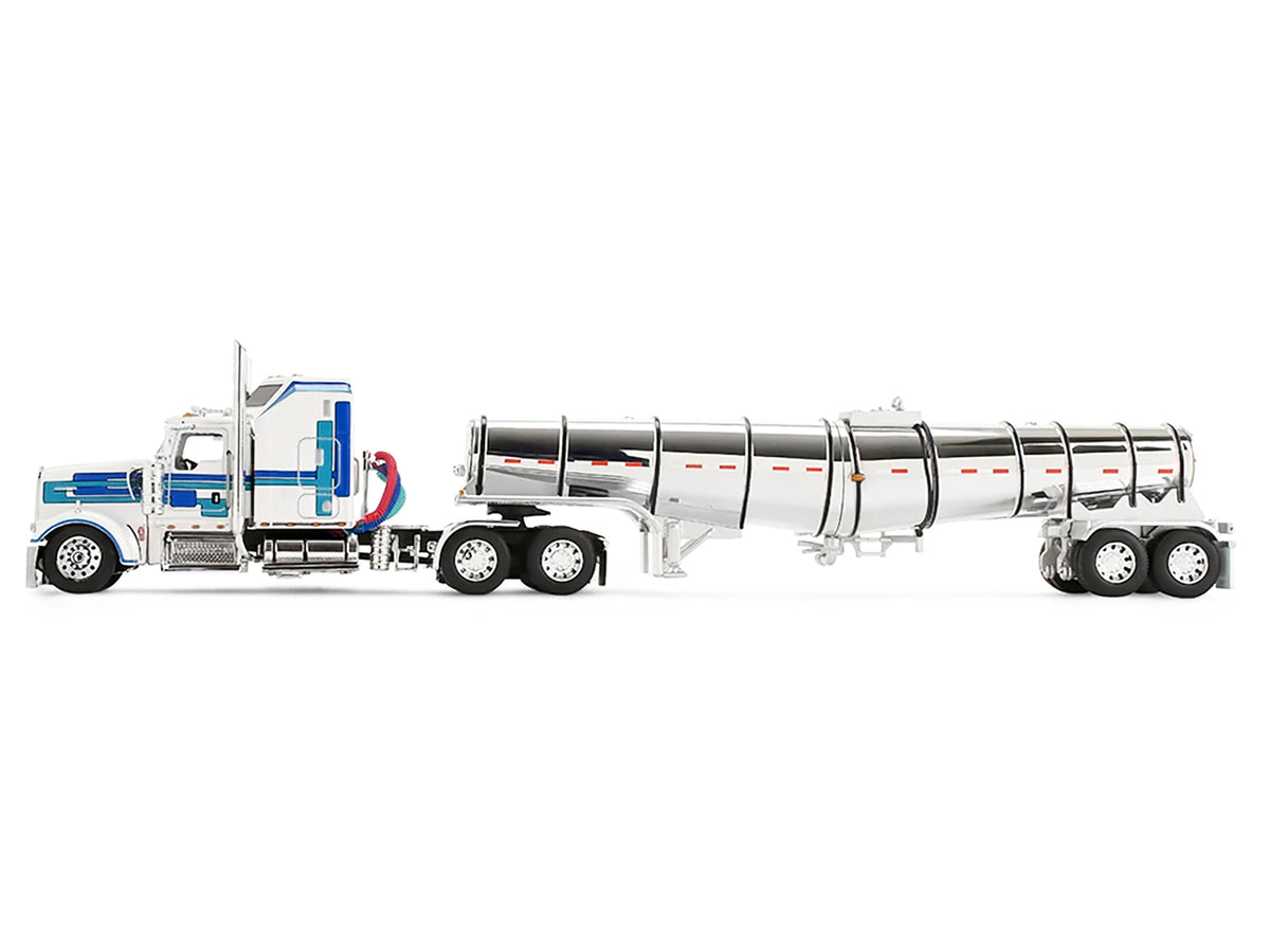 Kenworth W900L with 60" Aerodyne Sleeper and Polar Deep Drop Trailer White with Blue and Green Stripes 1/64 Diecast Model
