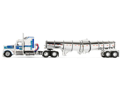 Kenworth W900L with 60" Aerodyne Sleeper and Polar Deep Drop Trailer White with Blue and Green Stripes 1/64 Diecast Model