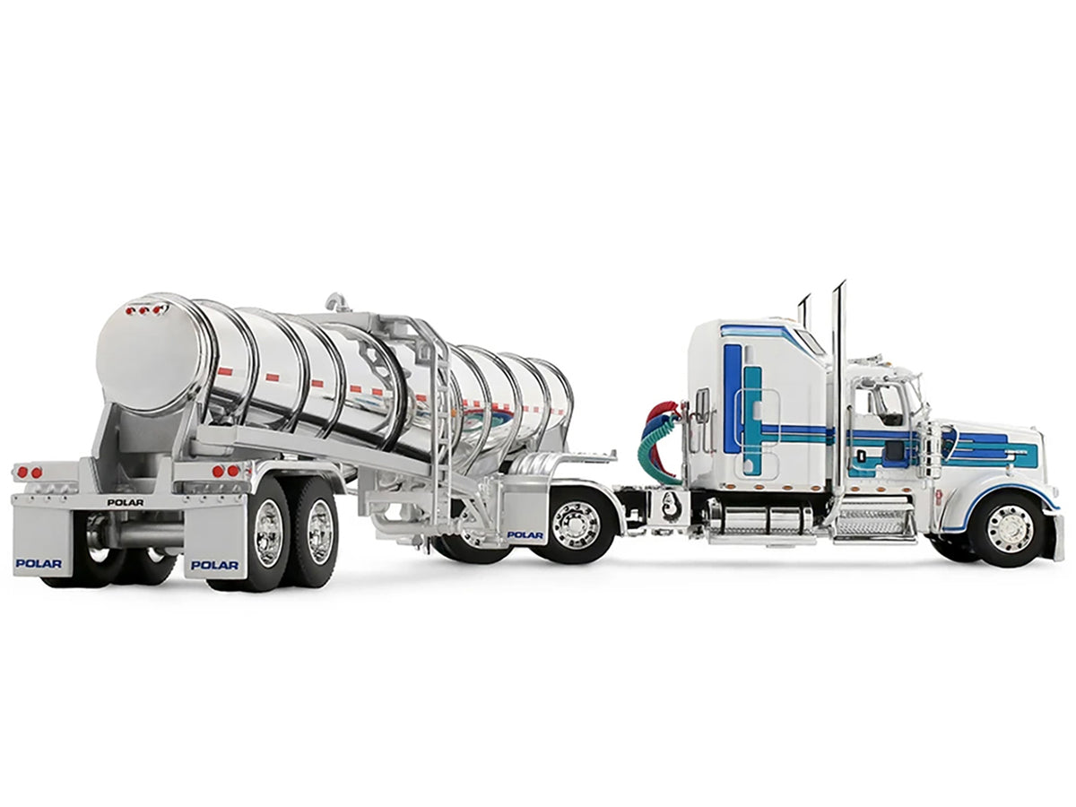 Kenworth W900L with 60" Aerodyne Sleeper and Polar Deep Drop Trailer White with Blue and Green Stripes 1/64 Diecast Model