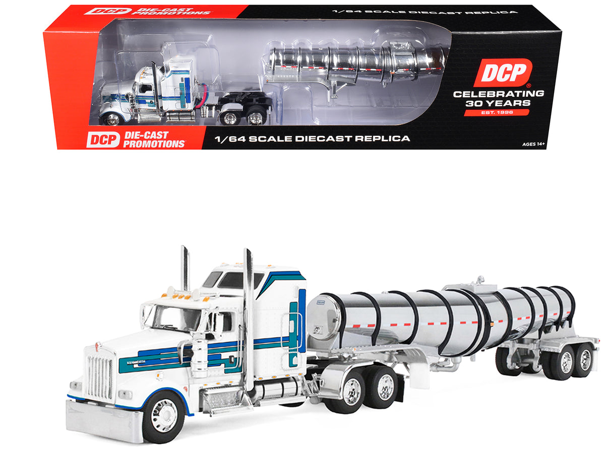 Kenworth W900L with 60" Aerodyne Sleeper and Polar Deep Drop Trailer White with Blue and Green Stripes 1/64 Diecast Model