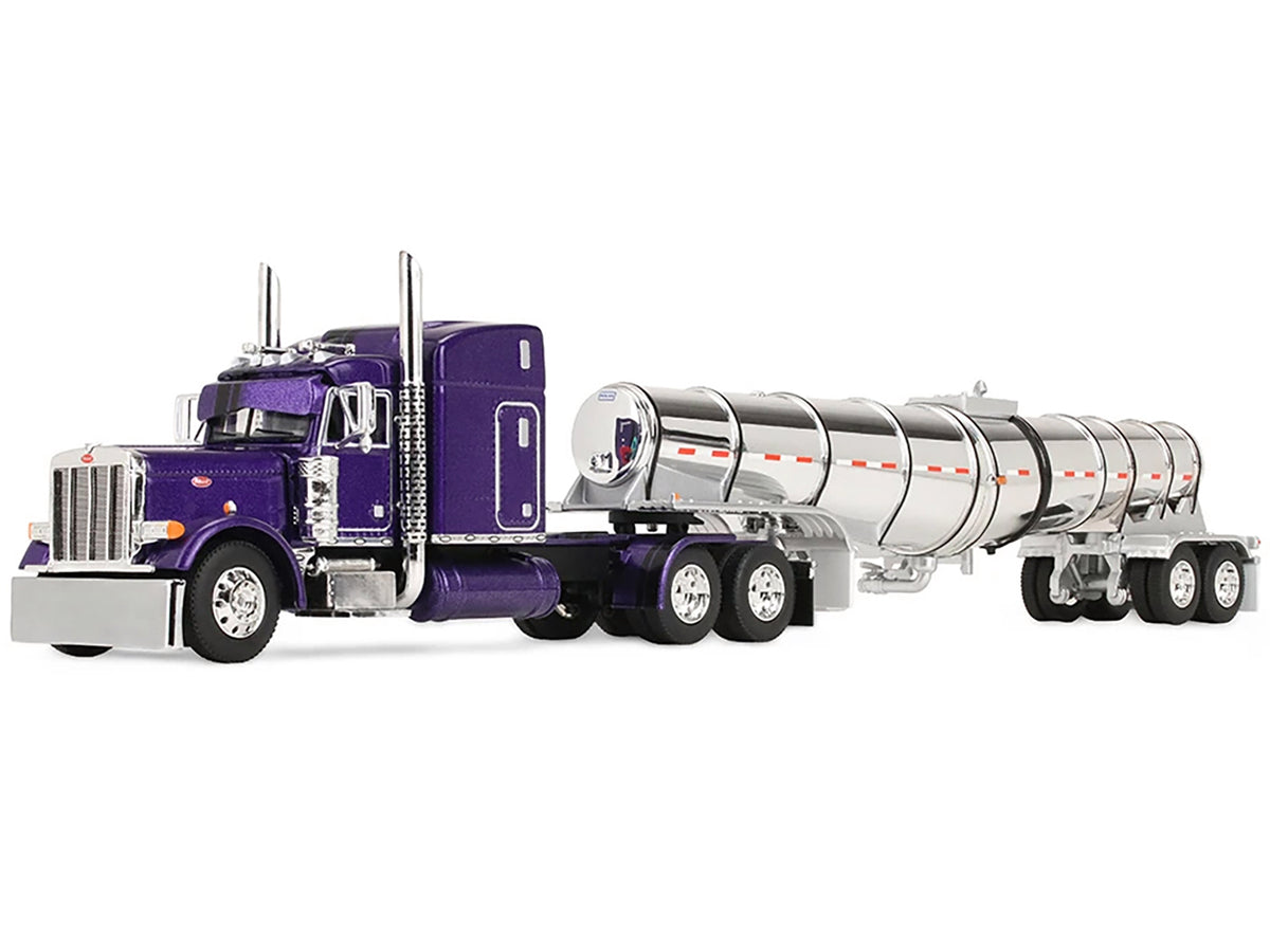 Peterbilt 379 with 63" Mid-Roof Sleeper and Polar Deep Drop Trailer Wild Orchid Purple with Black Stripes 1/64 Diecast Model