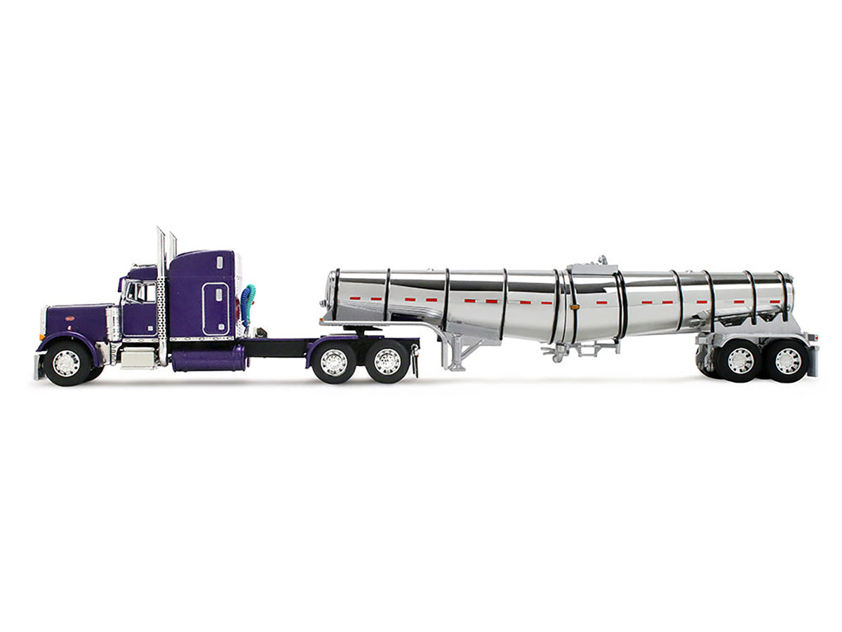 Peterbilt 379 with 63" Mid-Roof Sleeper and Polar Deep Drop Trailer Wild Orchid Purple with Black Stripes 1/64 Diecast Model