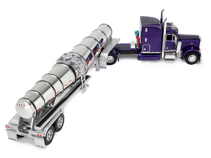 Peterbilt 379 with 63" Mid-Roof Sleeper and Polar Deep Drop Trailer Wild Orchid Purple with Black Stripes 1/64 Diecast Model