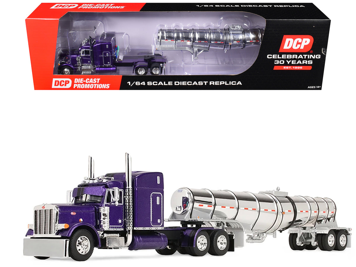Peterbilt 379 with 63" Mid-Roof Sleeper and Polar Deep Drop Trailer Wild Orchid Purple with Black Stripes 1/64 Diecast Model
