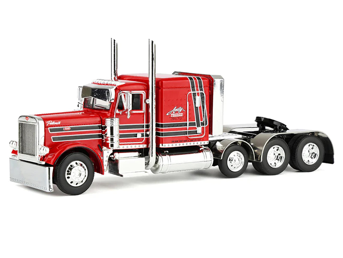 Peterbilt 379 with 63" Flat Top Sleeper and Fontaine Magnitude Lowboy Trailer with Fliptail "Anty Trucking & Rigging" Red with Black Stripes 1/64 Diecast Model