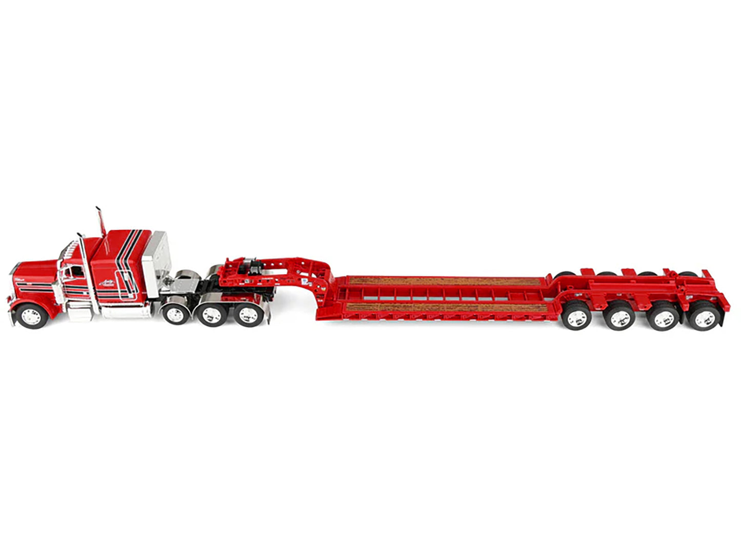 Peterbilt 379 with 63" Flat Top Sleeper and Fontaine Magnitude Lowboy Trailer with Fliptail "Anty Trucking & Rigging" Red with Black Stripes 1/64 Diecast Model
