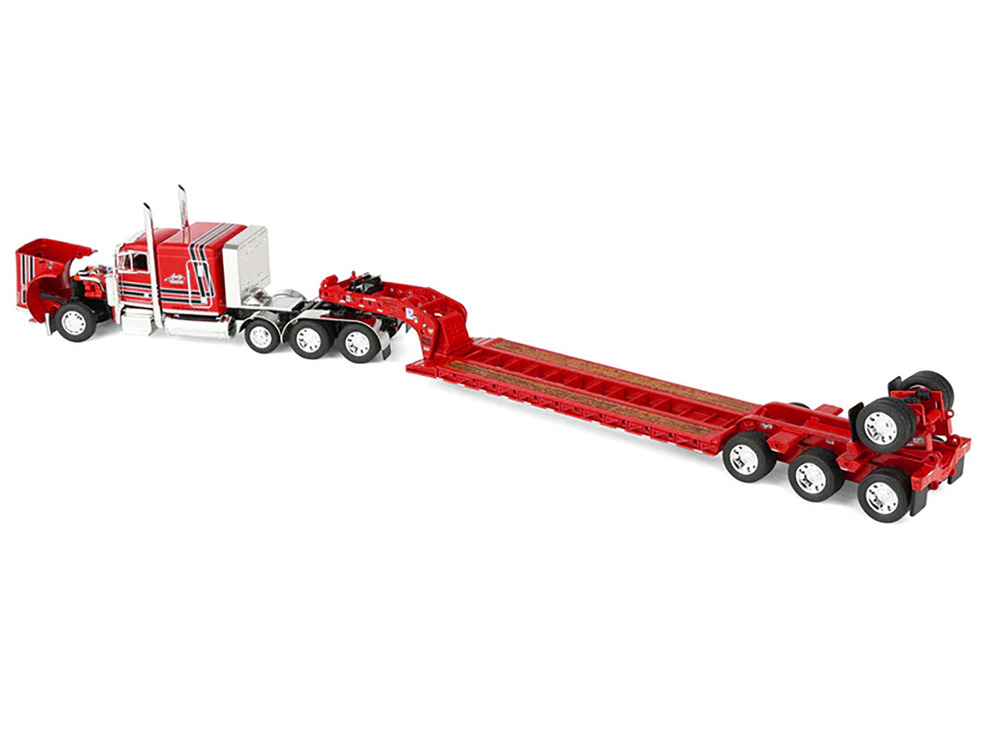 Peterbilt 379 with 63" Flat Top Sleeper and Fontaine Magnitude Lowboy Trailer with Fliptail "Anty Trucking & Rigging" Red with Black Stripes 1/64 Diecast Model