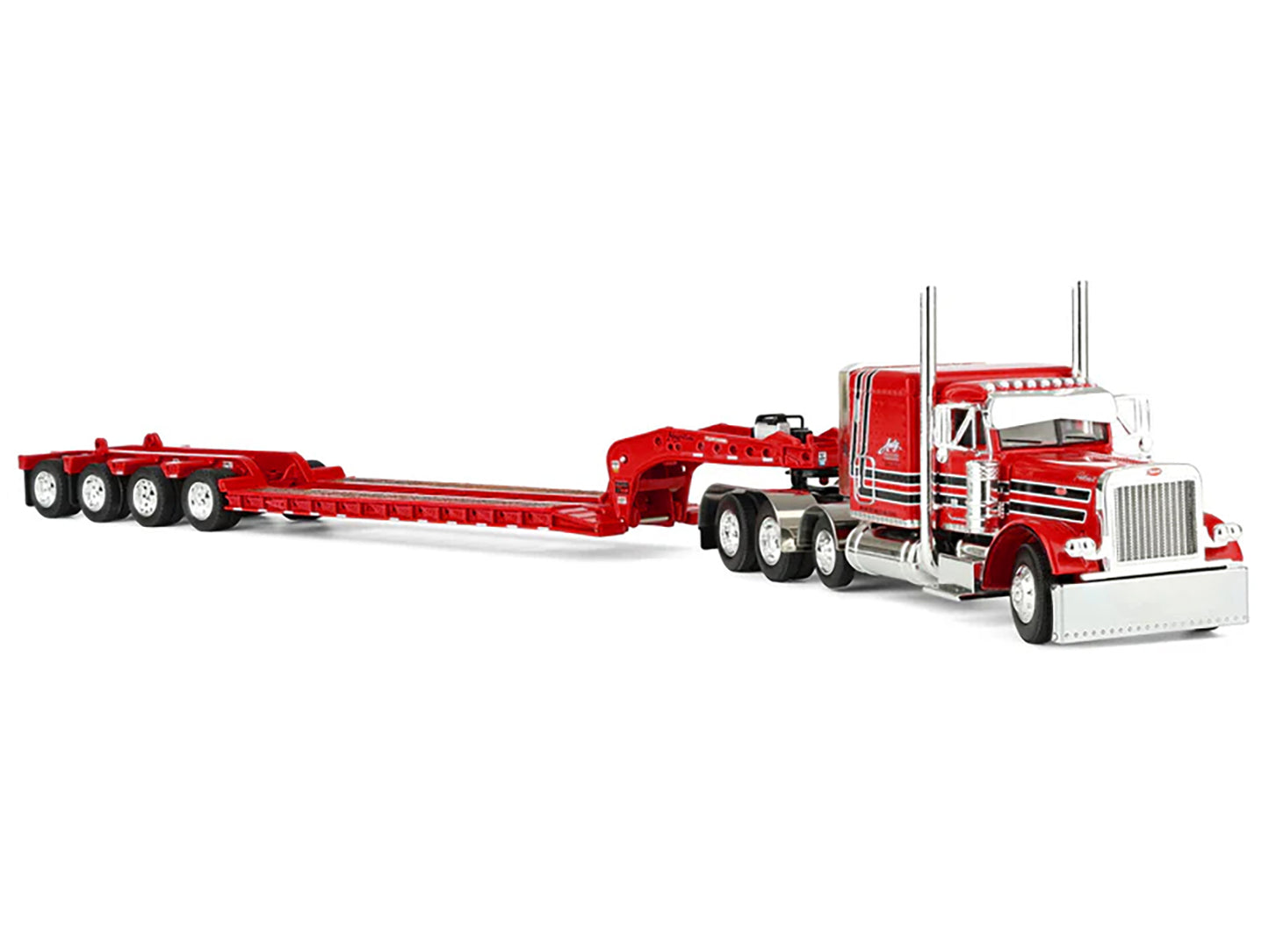 Peterbilt 379 with 63" Flat Top Sleeper and Fontaine Magnitude Lowboy Trailer with Fliptail "Anty Trucking & Rigging" Red with Black Stripes 1/64 Diecast Model
