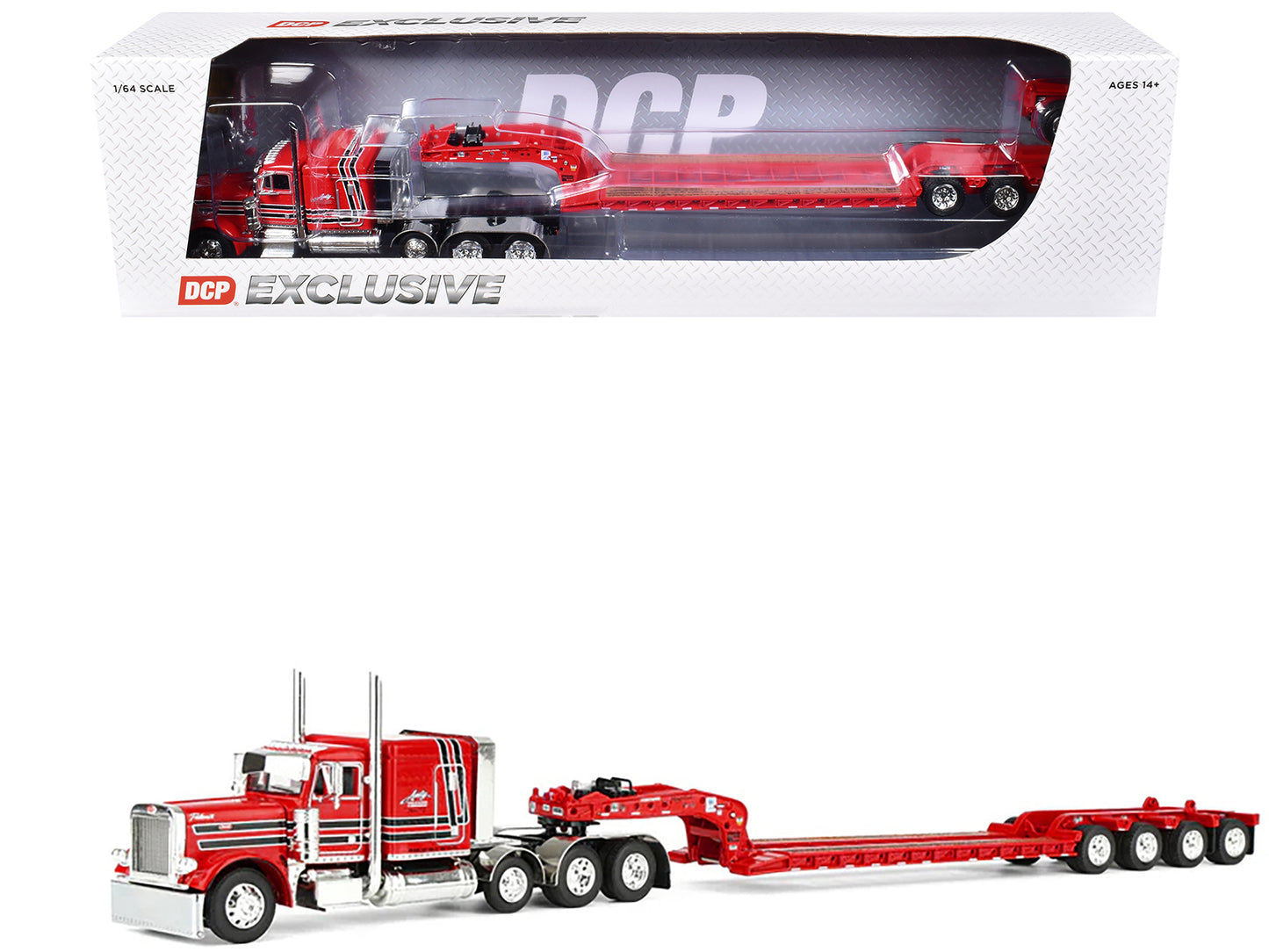 Peterbilt 379 with 63" Flat Top Sleeper and Fontaine Magnitude Lowboy Trailer with Fliptail "Anty Trucking & Rigging" Red with Black Stripes 1/64 Diecast Model
