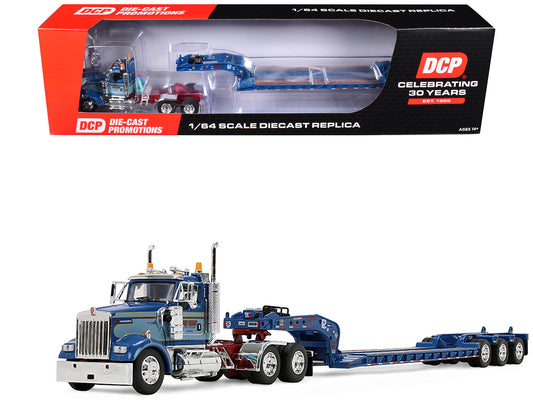 Kenworth W900L Day Cab and Fontaine Magnitude Lowboy Trailer "Sid Kamp" Blue and Light Blue Two-Tone 1/64 Diecast Model