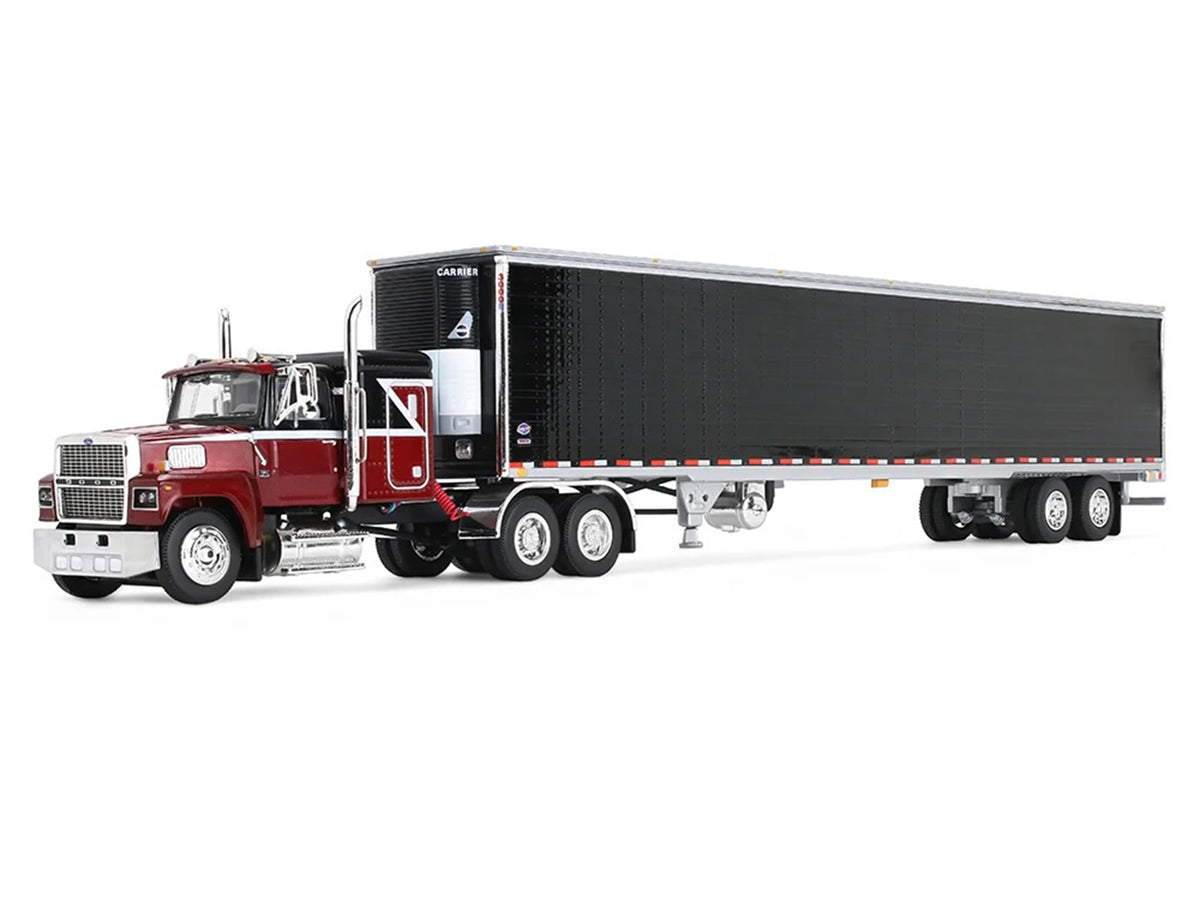Ford LTL 9000 with 48" Flat Top Sleeper and 53' Utility Trailer with Reefer Volcano Red and Black 1/64 Diecast Model