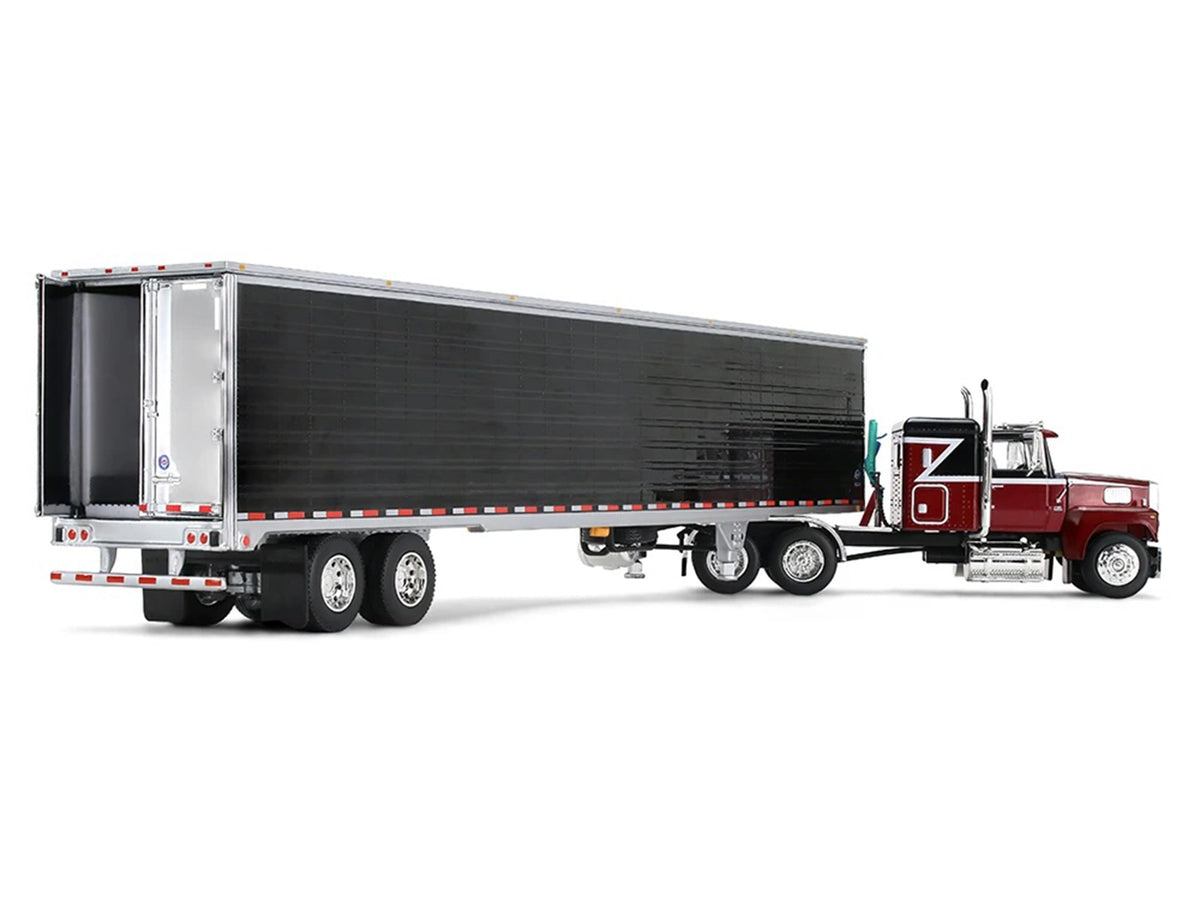 Ford LTL 9000 with 48" Flat Top Sleeper and 53' Utility Trailer with Reefer Volcano Red and Black 1/64 Diecast Model