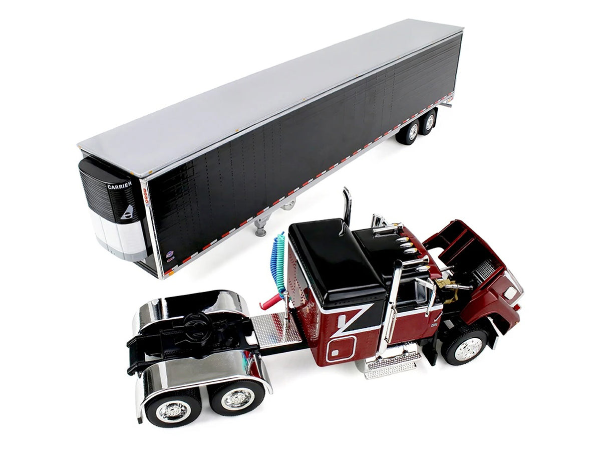 Ford LTL 9000 with 48" Flat Top Sleeper and 53' Utility Trailer with Reefer Volcano Red and Black 1/64 Diecast Model