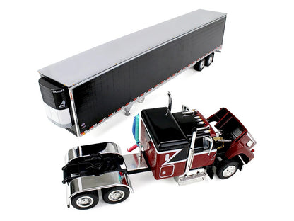 Ford LTL 9000 with 48" Flat Top Sleeper and 53' Utility Trailer with Reefer Volcano Red and Black 1/64 Diecast Model