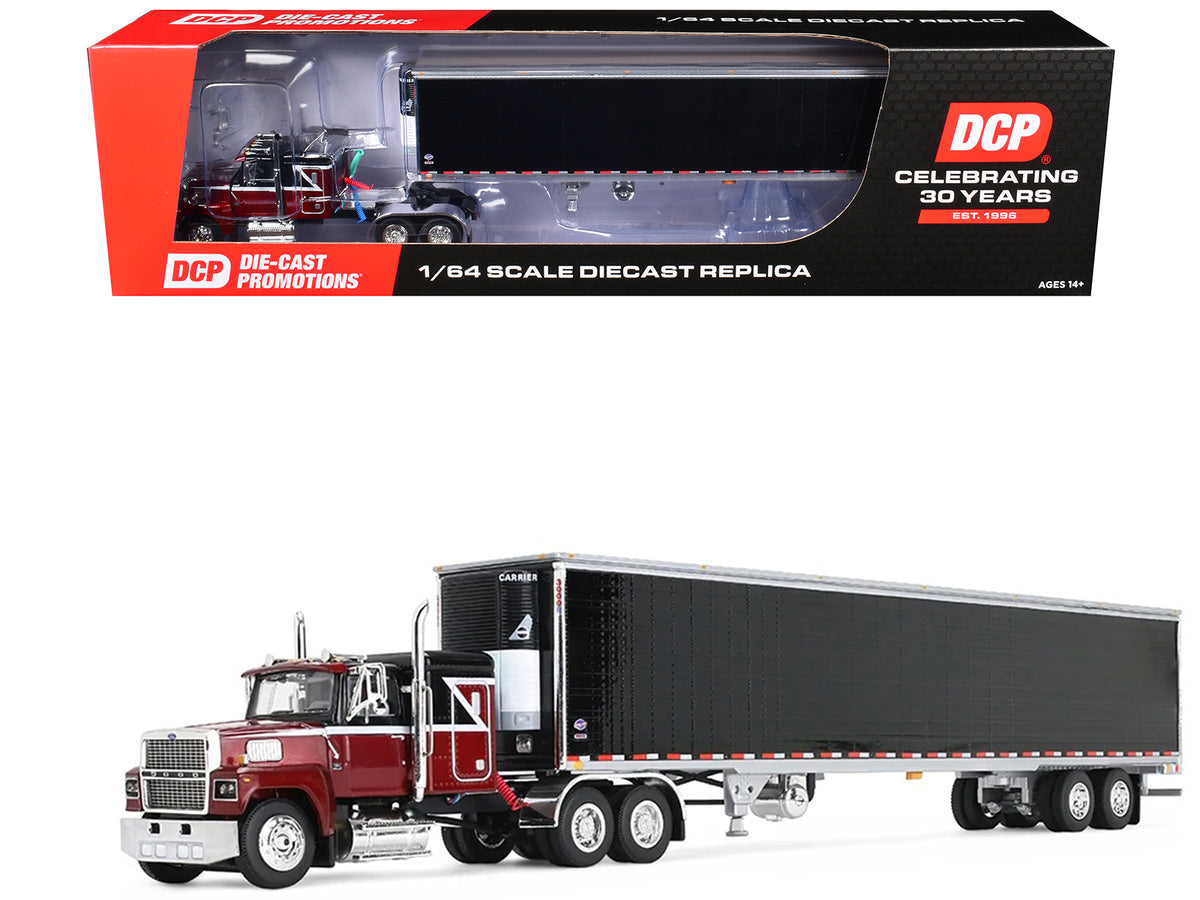Ford LTL 9000 with 48" Flat Top Sleeper and 53' Utility Trailer with Reefer Volcano Red and Black 1/64 Diecast Model