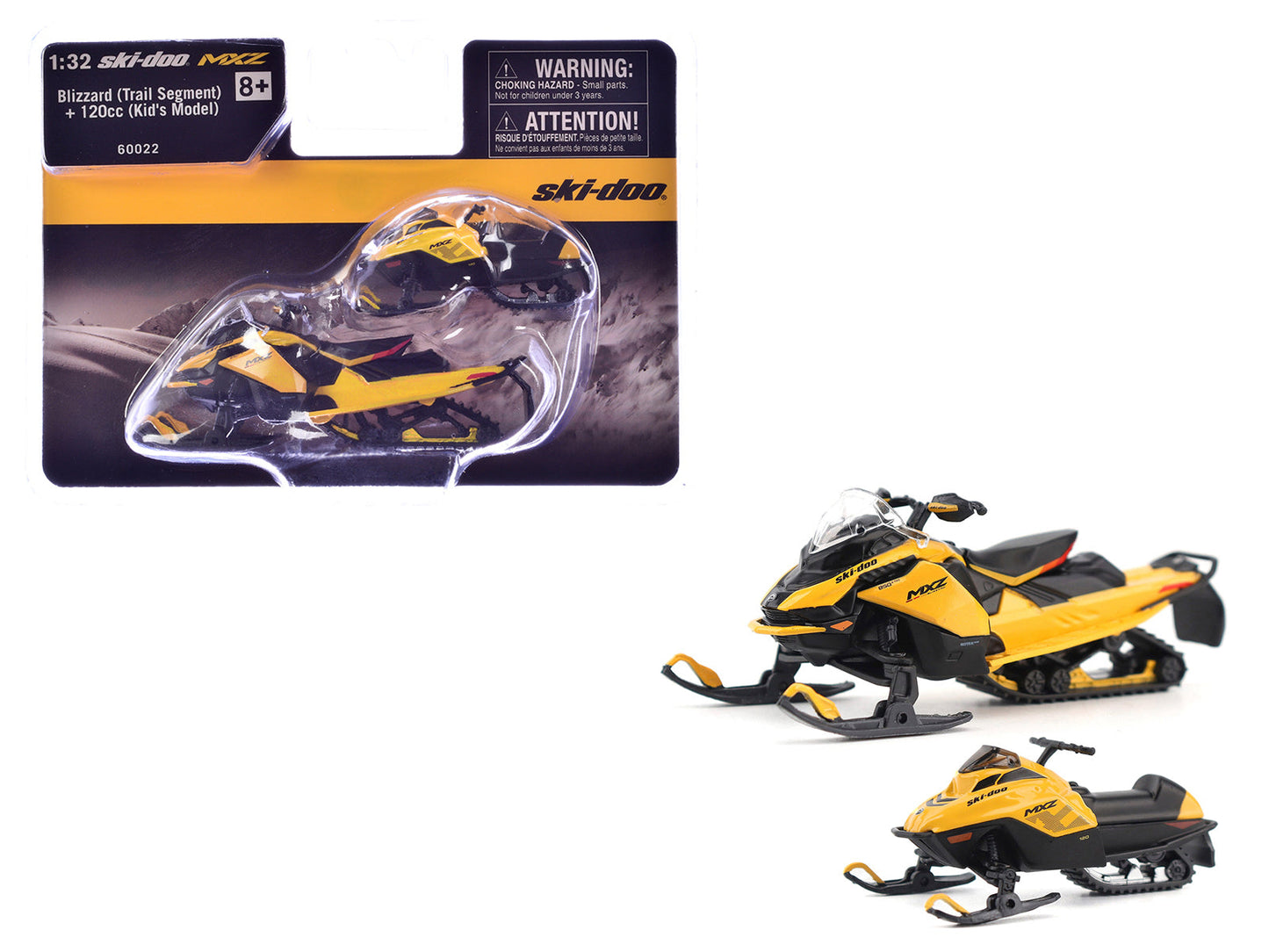 Ski-Doo MXZ Blizzard (Trail Segment) Neo Yellow and Ski-Doo MXZ 120cc (Kid's Model) Neo Yellow Set of 2 Snowmobiles 1/32 Diecast Models