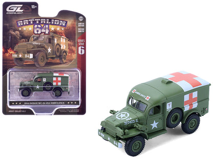 1944 Dodge WC-54 4X4 Ambulance "U.S. Army - WWII" Green with Graphics "Battalion 64" Series 6 1/64 Diecast Model Car