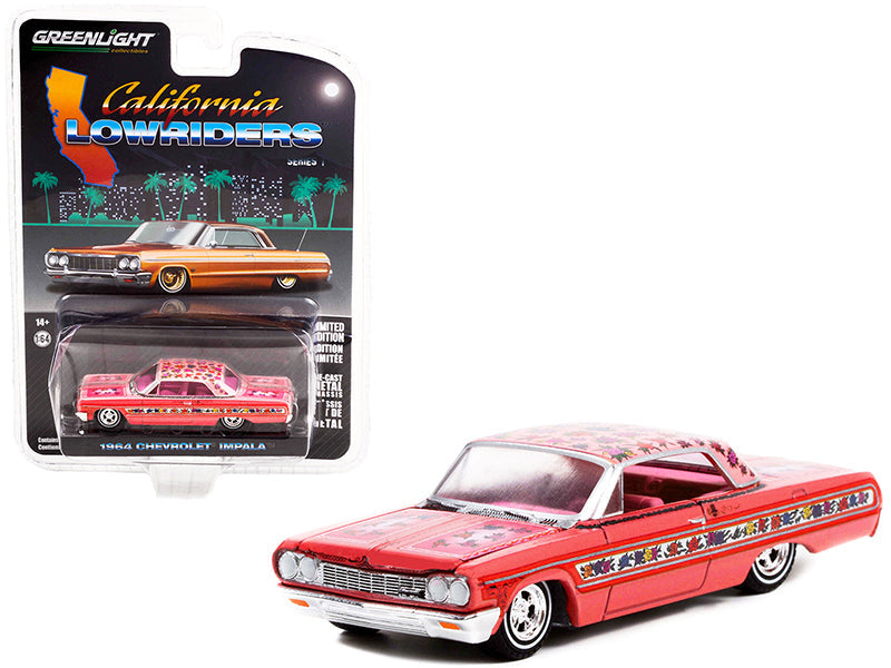 1964 Chevrolet Impala Lowrider Pink Metallic with Rose Graphics and Pink Interior "California Lowriders" Release 1 1/64 Diecast Model Car