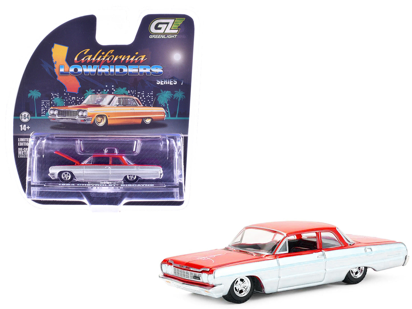 1964 Chevrolet Biscayne Lowrider Silver Metallic and Red Two-Tone "California Lowriders" Series 7 1/64 Diecast Model Car