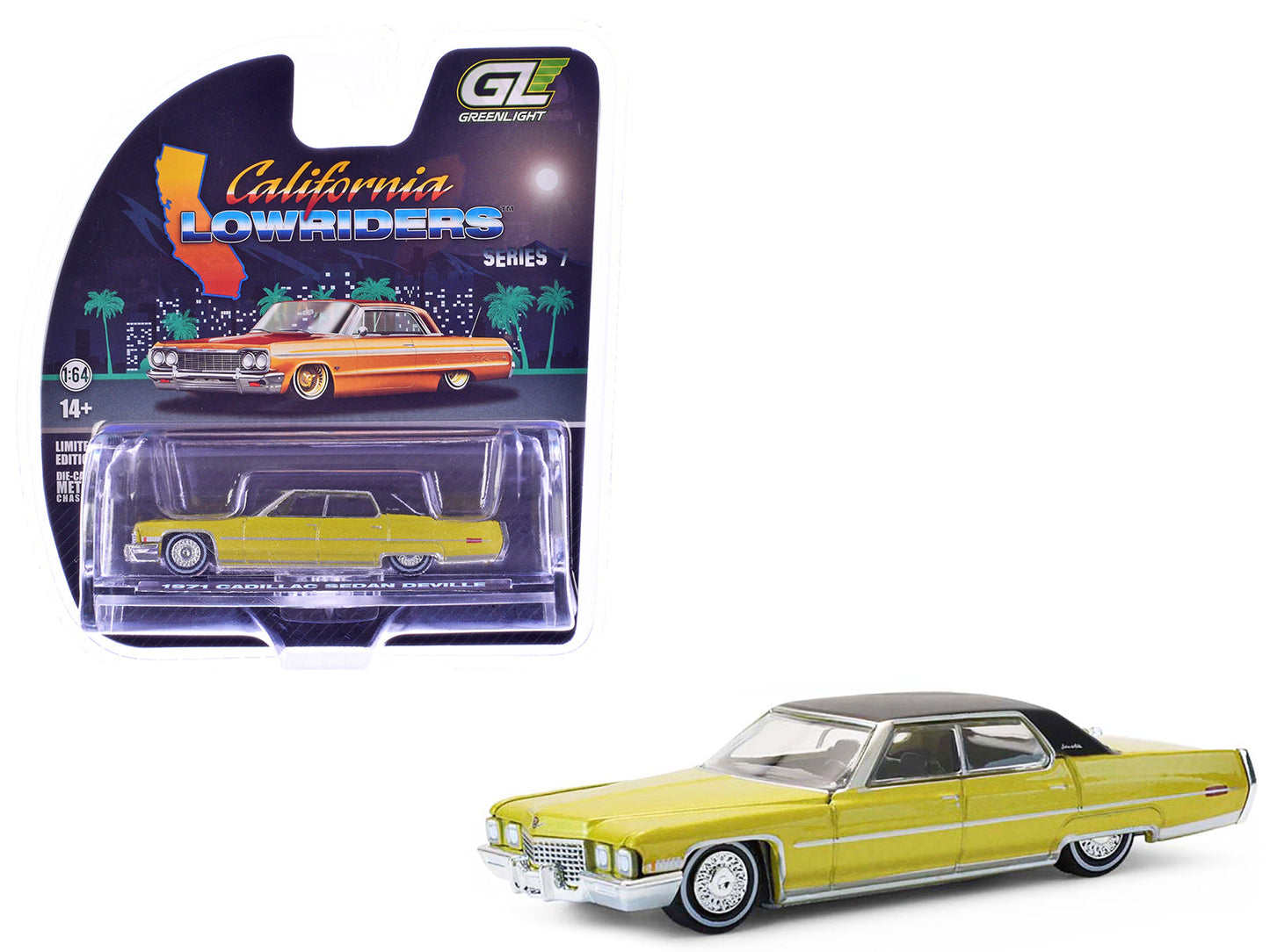 1971 Cadillac Sedan Deville Lowrider Gold Metallic with Black Top "California Lowriders" Series 7 1/64 Diecast Model Car