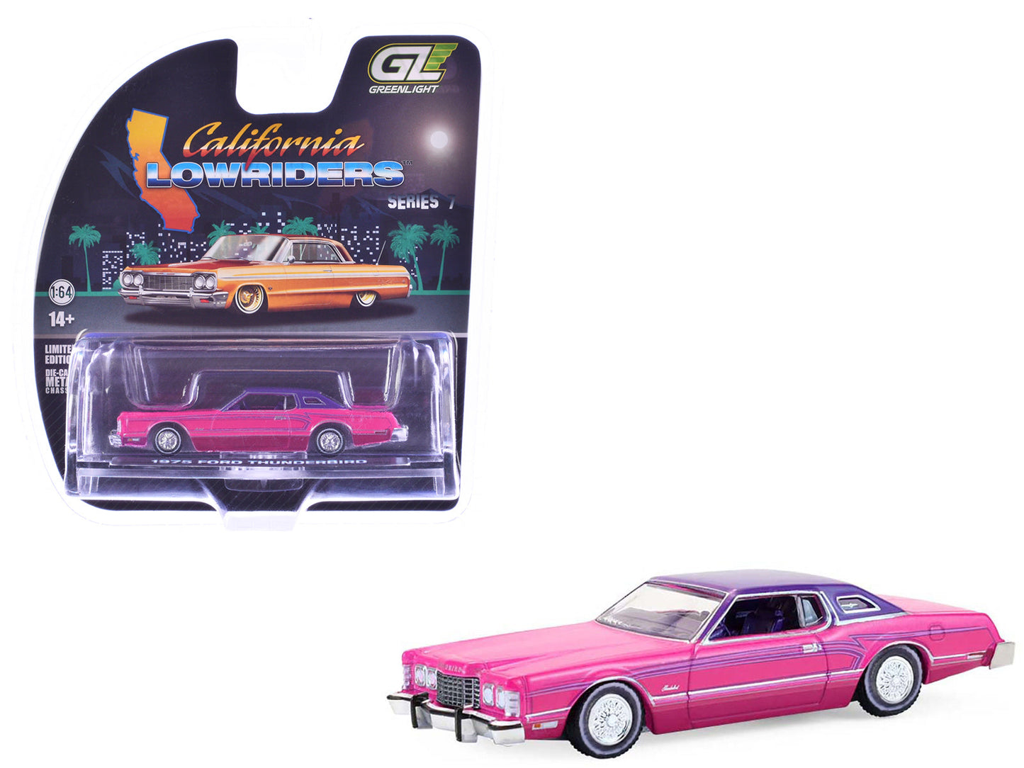1975 Ford Thunderbird Lowrider Pink Metallic with Purple Top and Graphics with Purple Interior "California Lowriders" Series 7 1/64 Diecast Model Car