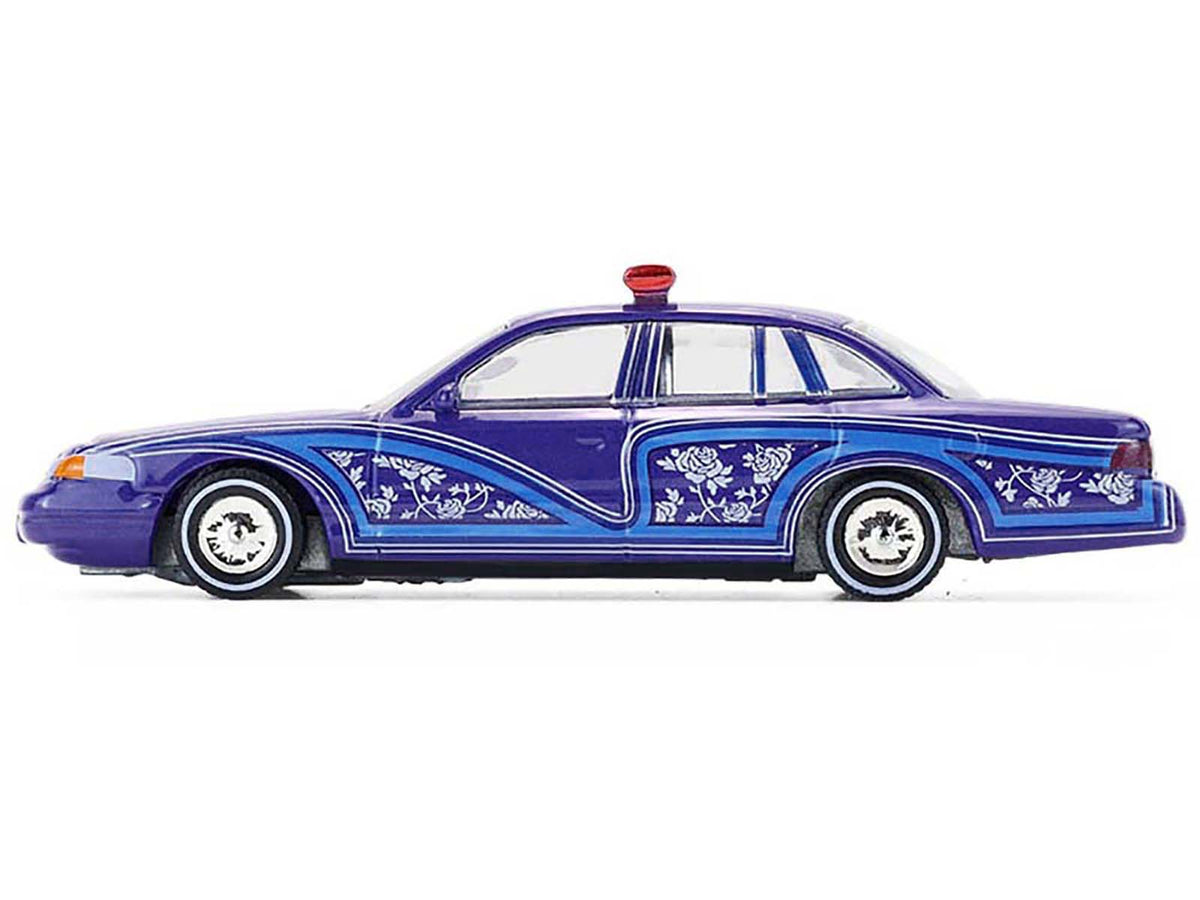 1992 Ford Crown Victoria Lowrider Blue with Graphics and Lightbar "California Lowriders" Series 7 1/64 Diecast Model Car