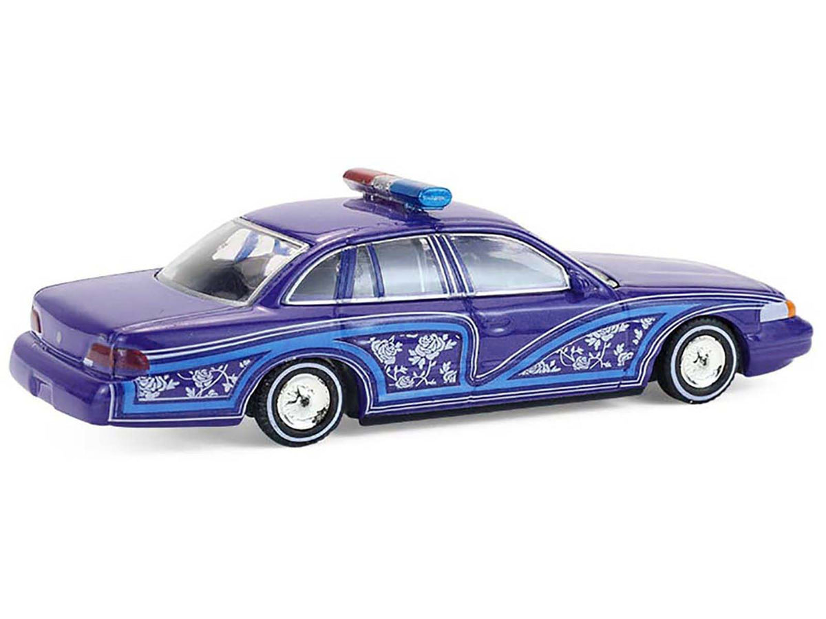 1992 Ford Crown Victoria Lowrider Blue with Graphics and Lightbar "California Lowriders" Series 7 1/64 Diecast Model Car