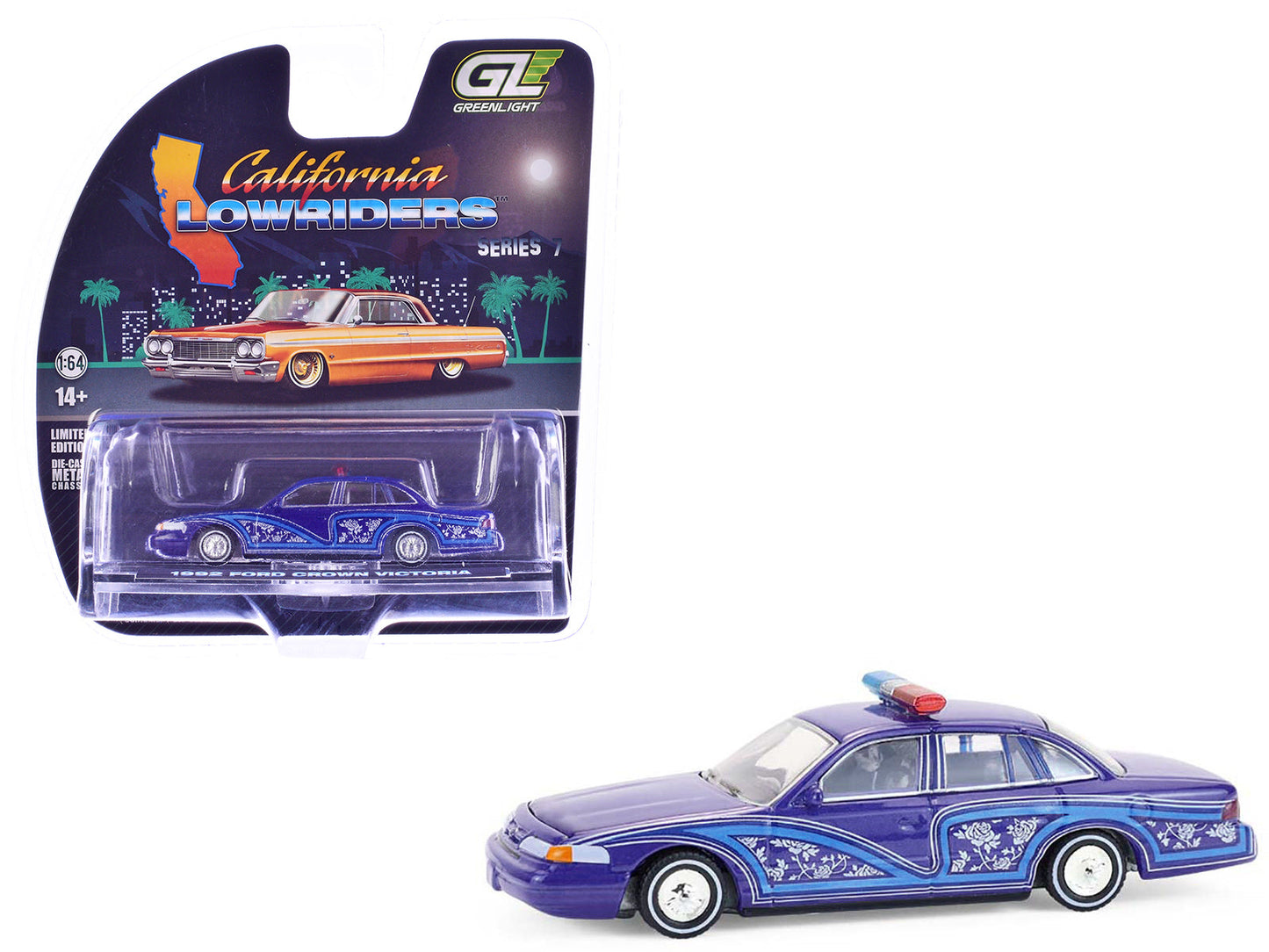 1992 Ford Crown Victoria Lowrider Blue with Graphics and Lightbar "California Lowriders" Series 7 1/64 Diecast Model Car