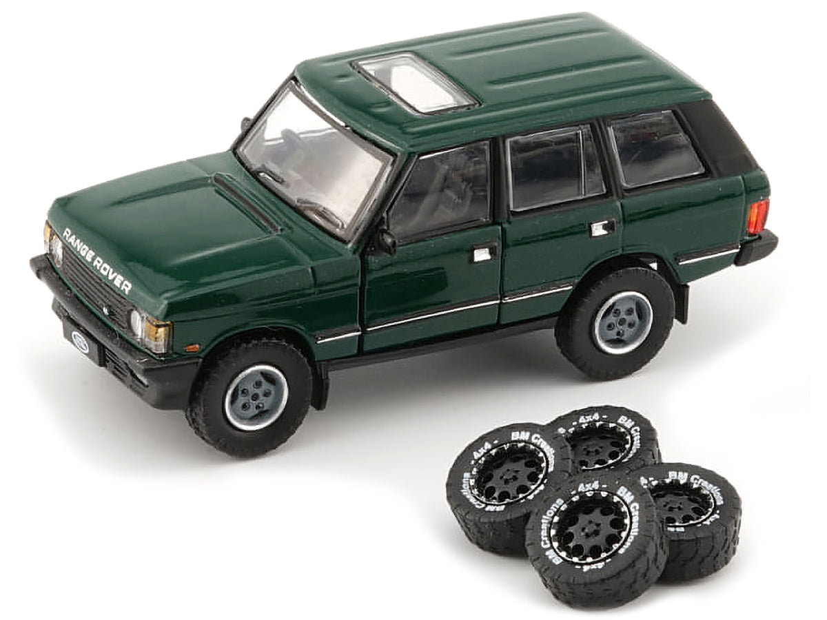 Land Rover Range Rover Classic LSE RHD (Right Hand Drive) Green with Sunroof with Extra Wheels 1/64 Diecast Model Car