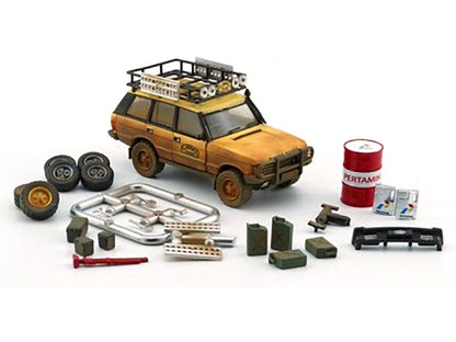 Land Rover Range Rover Classic LSE RHD (Right Hand Drive) "Camel Trophy" Yellow (Dirty Mud Version) with Roof Rack Extra Wheels and Accessories Limited Edition to 2016 pieces Worldwide 1/64 Diecast Model Car
