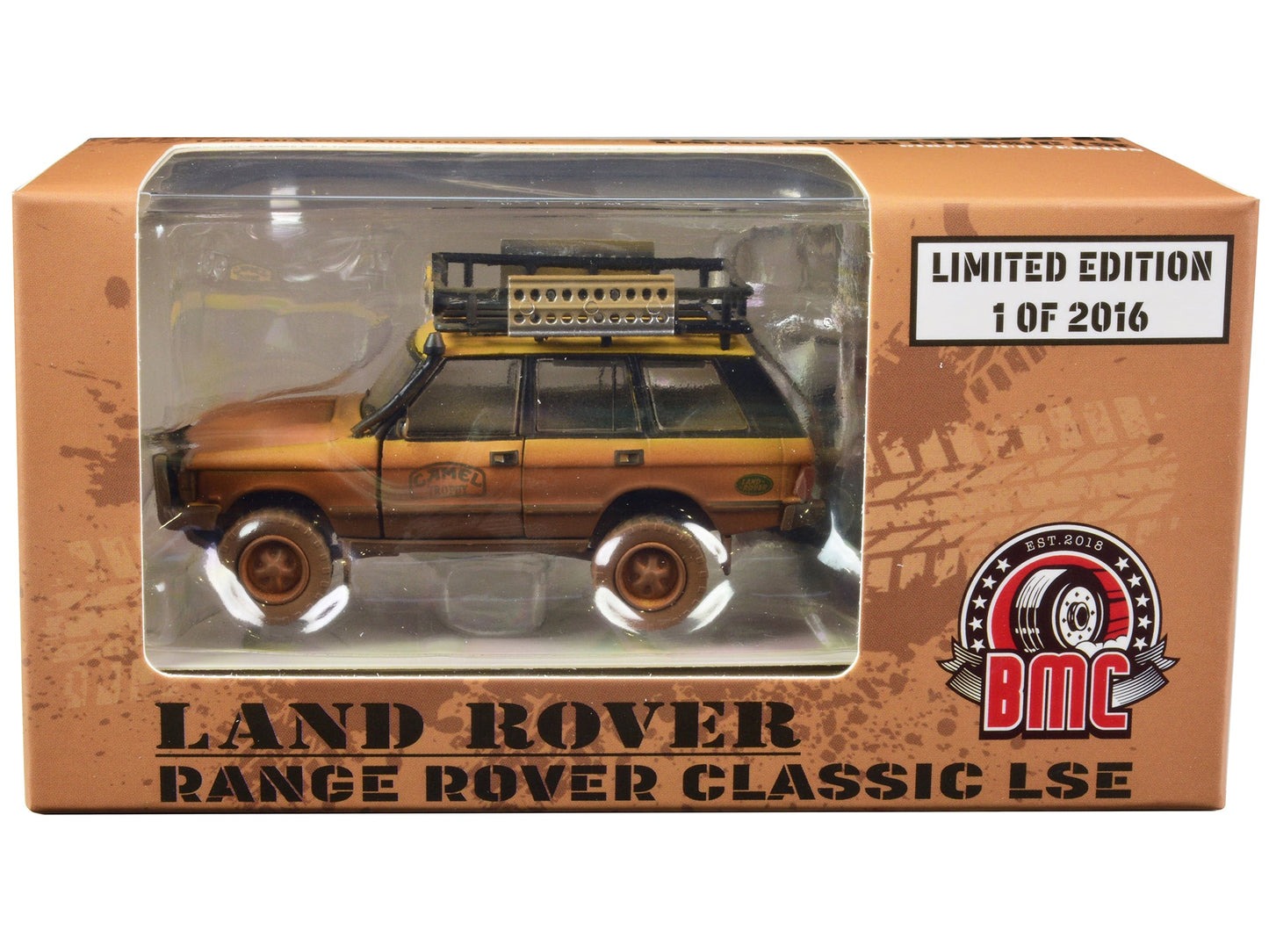 Land Rover Range Rover Classic LSE RHD (Right Hand Drive) "Camel Trophy" Yellow (Dirty Mud Version) with Roof Rack Extra Wheels and Accessories Limited Edition to 2016 pieces Worldwide 1/64 Diecast Model Car