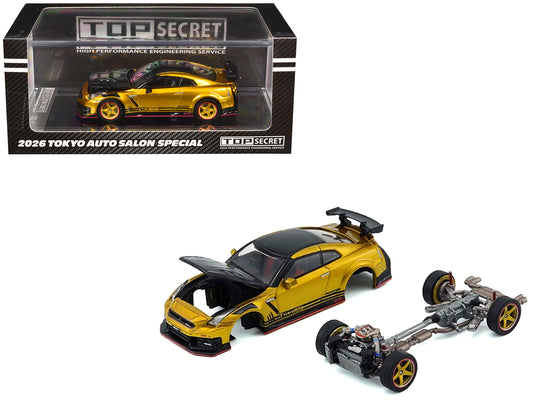 Nissan "Top Secret" GT-R (R35) RHD (Right Hand Drive) Gold Metallic with Carbon Hood and Top "Tokyo Auto Salon 2026" 1/64 Diecast Model Car