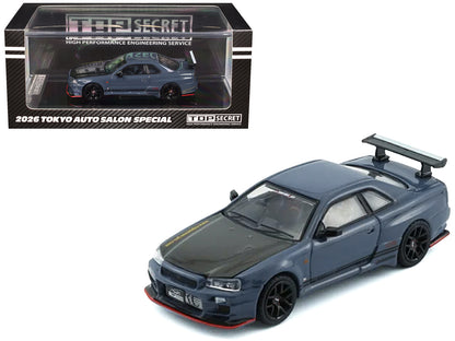 Nissan "Top Secret" Skyline GT-R (BNR34) RHD (Right Hand Drive) Stealth Gray with Carbon Hood "Tokyo Auto Salon 2026" 1/64 Diecast Model Car