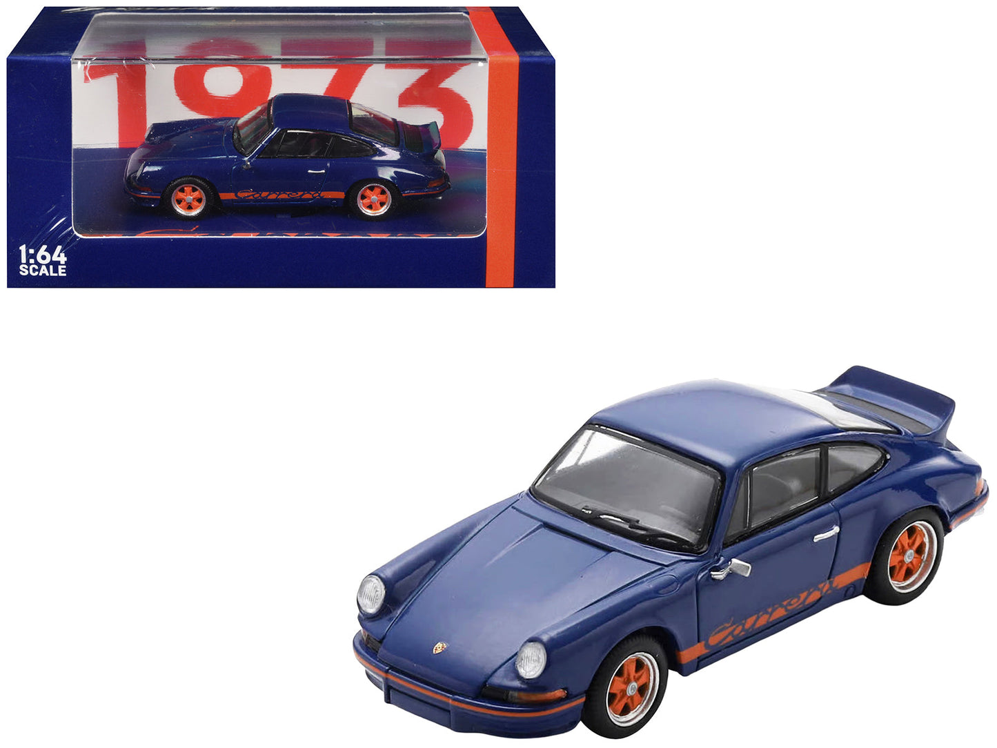 1973 Porsche 911 RS 2.7 Blue with Orange Stripes 1/64 Model Car