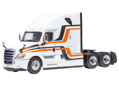 2018 Freightliner Cascadia Truck Tractor White with Black and Orange Stripes 1/64 Diecast Model