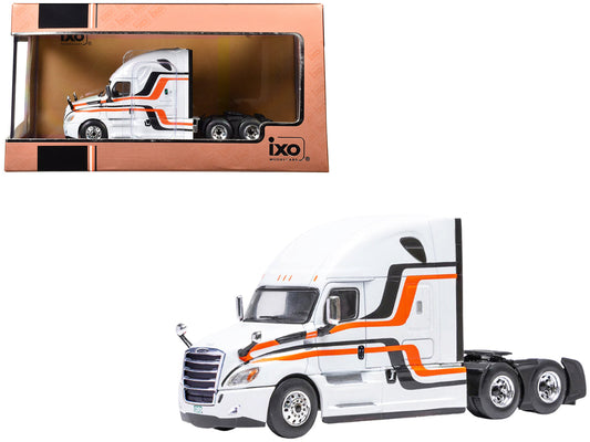 2018 Freightliner Cascadia Truck Tractor White with Black and Orange Stripes 1/64 Diecast Model