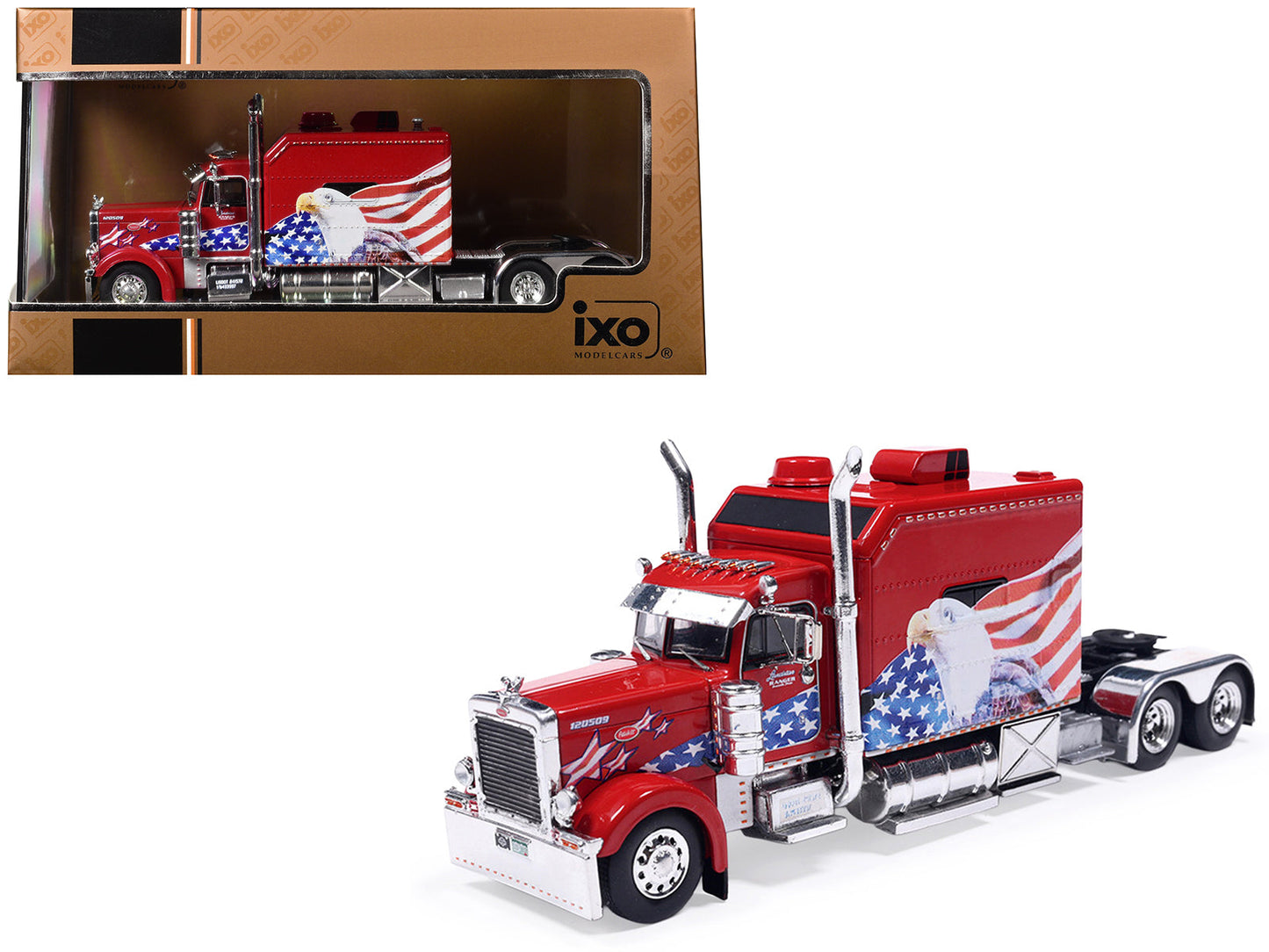 2002 Peterbilt 379 Custom Truck Tractor Red with Patriotic Graphics 1/64 Diecast Model
