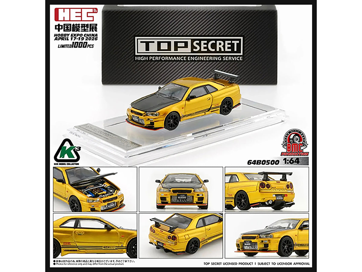 Nissan "Top Secret" Skyline GT-R (BNR34) RHD (Right Hand Drive) Gold Metallic with Carbon Hood "Hobby Expo China 2026" 1/64 Diecast Model Car