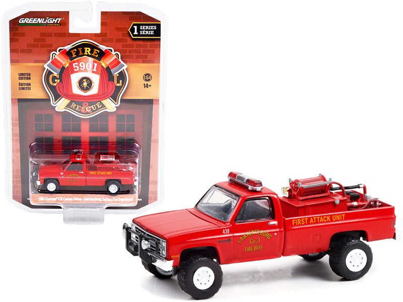 1986 Chevrolet C20 Custom Deluxe Pickup Truck Red First Attack Unit Fire Equipment and Hose and Tank "Lawrenceburg Fire Department" (Indiana) "Fire & Rescue" Series 1 1/64 Diecast Model Car