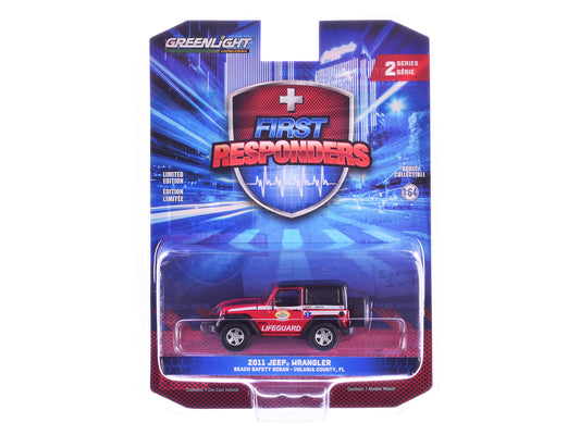 2011 Jeep Wrangler "Volusia County Florida Beach Safety Ocean Rescue Lifeguard/EMT" Red with White Stripes "First Responders" Series 2 1/64 Diecast Model Car