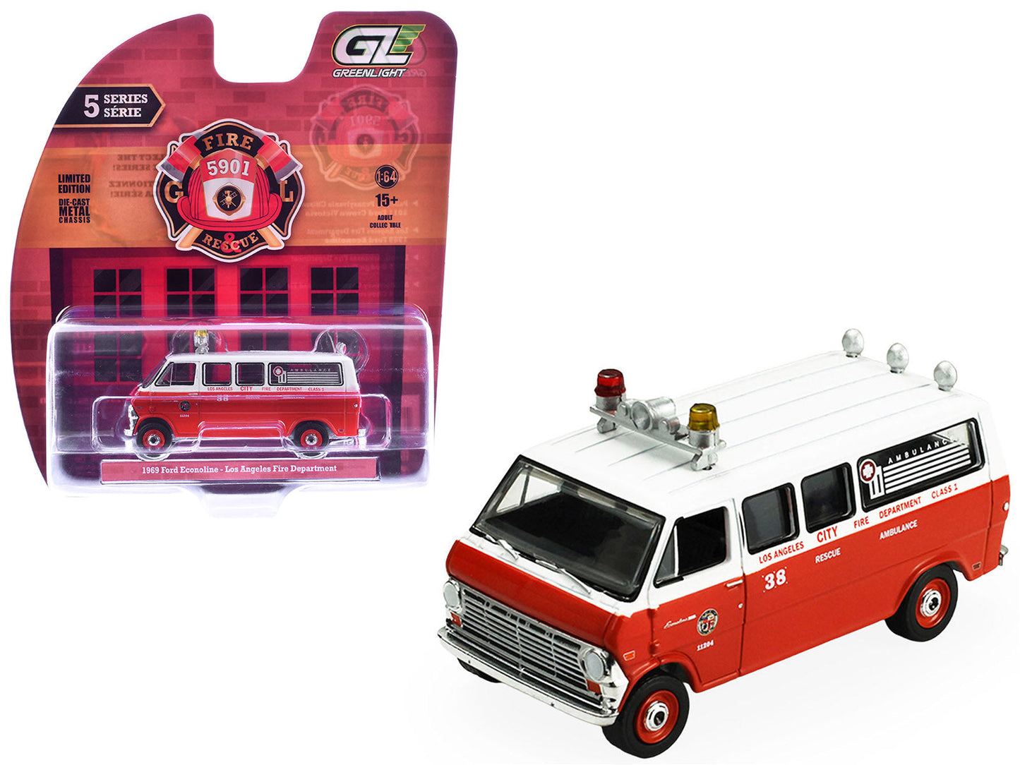 1969 Ford Econoline Ambulance "Los Angeles Fire Department" Red and White "Fire & Rescue" Series #5 1/64 Diecast Model Car