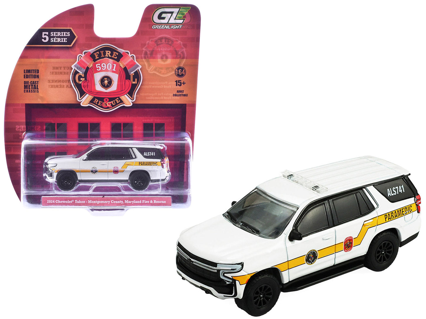 2024 Chevrolet Tahoe "Montgomery County Maryland Fire & Rescue Bethesda-Chevy Chase Rescue Squad" White with Yellow Stripes "Fire & Rescue" Series #5 1/64 Diecast Model Car
