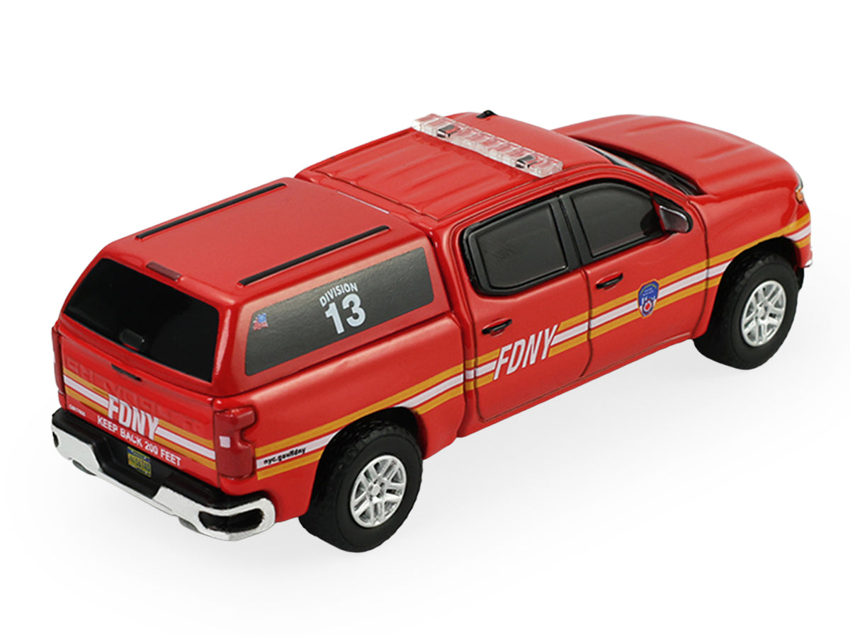 2023 Chevrolet Silverado Pickup Truck with Camper Shell "FDNY (New York City Fire Department)" Red with Stripes "Fire & Rescue" Series #5 1/64 Diecast Model Car
