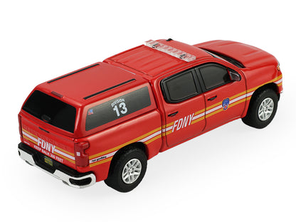 2023 Chevrolet Silverado Pickup Truck with Camper Shell "FDNY (New York City Fire Department)" Red with Stripes "Fire & Rescue" Series #5 1/64 Diecast Model Car