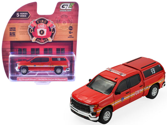 2023 Chevrolet Silverado Pickup Truck with Camper Shell "FDNY (New York City Fire Department)" Red with Stripes "Fire & Rescue" Series #5 1/64 Diecast Model Car