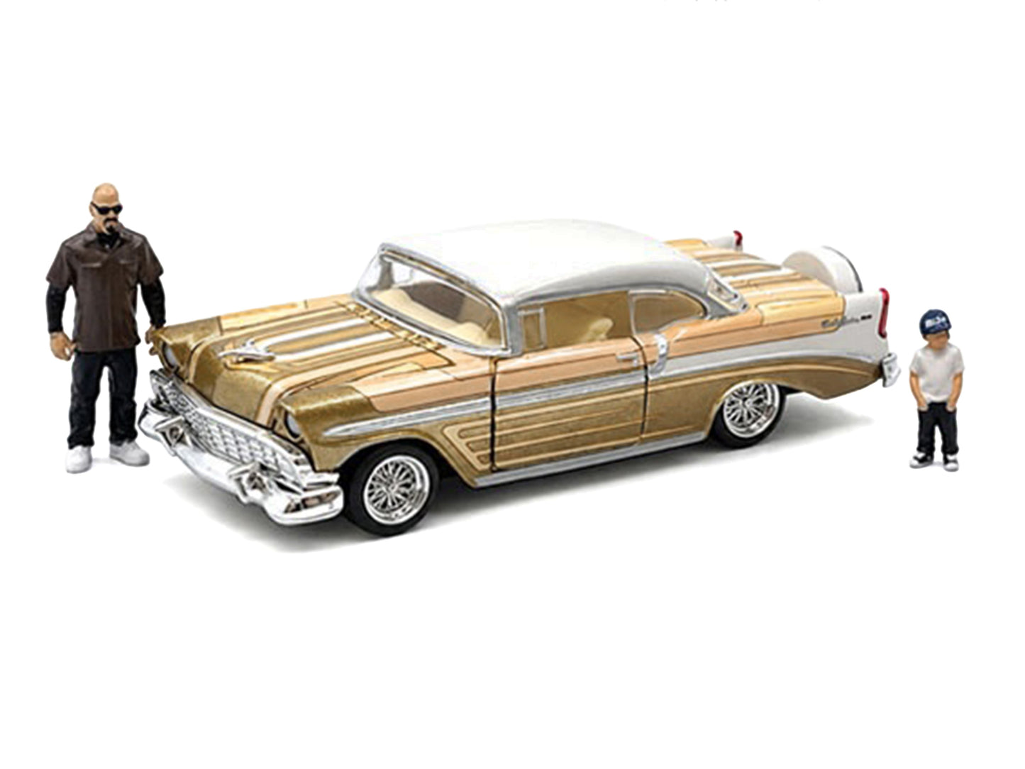 1956 Chevrolet Bel Air Lowrider Gold Metallic with Gold Interior and White Top with 2 Figures Limited Edition to 4400 pieces Worldwide 1/64 Diecast Model Car